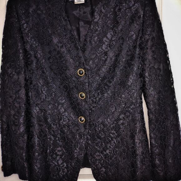 Oleg Cassini Black Lace Jacket Evening Gold Buttons V neck Vintage 10 - Picture 5 of 12